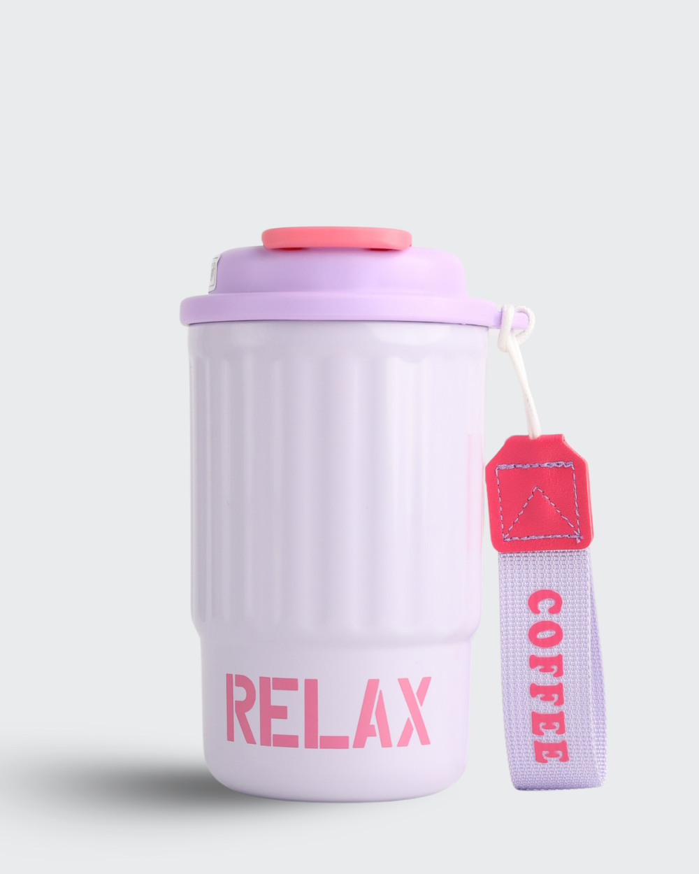 Pink tumbler with 'RELAX' text and a pink and red tag on a white background
