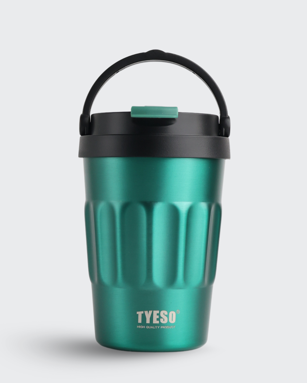 Green insulated mug with black handle on a light gray background