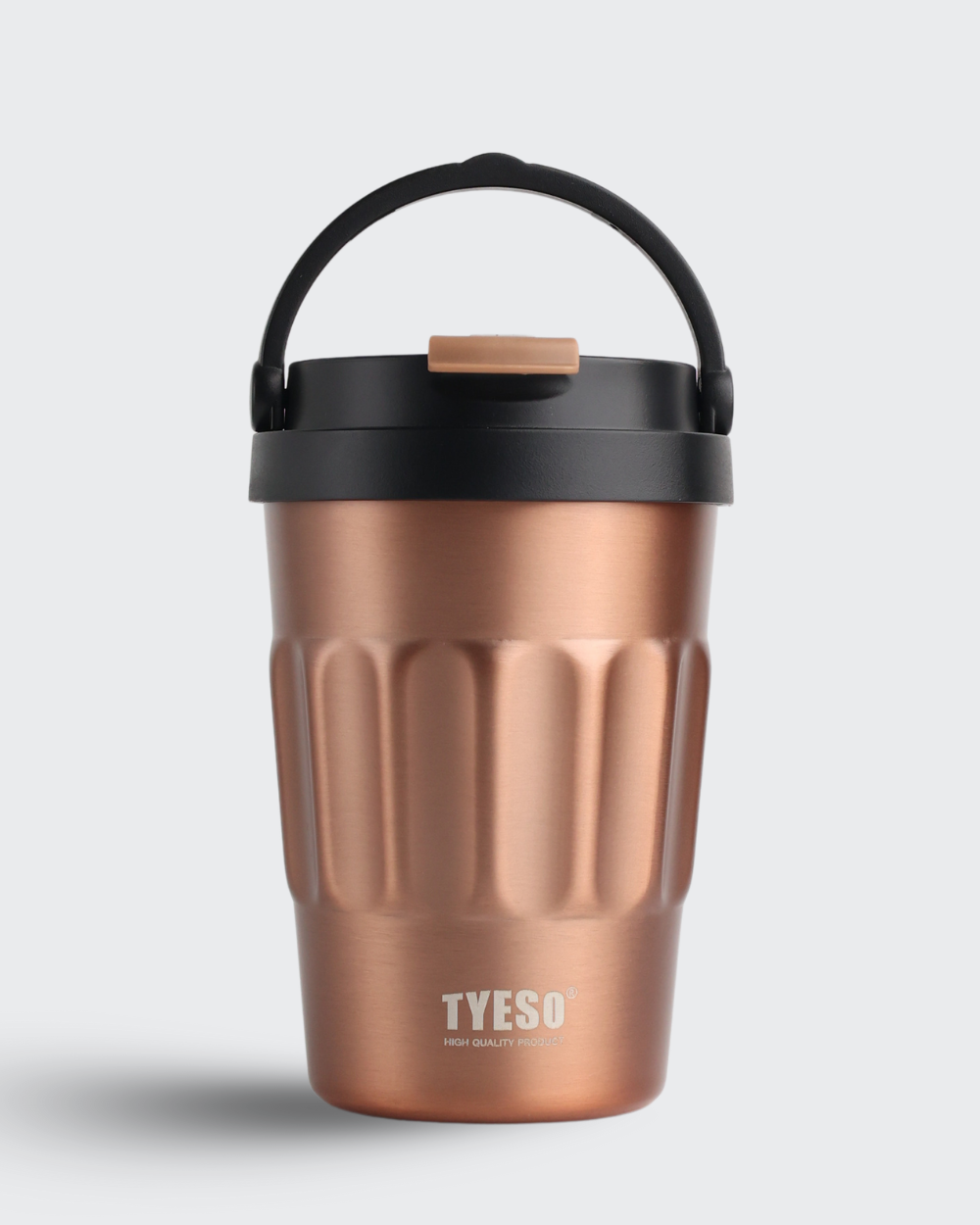 Bronze-colored insulated mug with black lid on a light gray background
