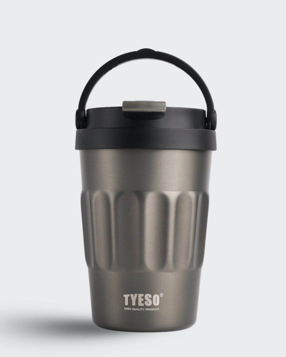 Gray insulated mug with black lid and handle on a light gray background