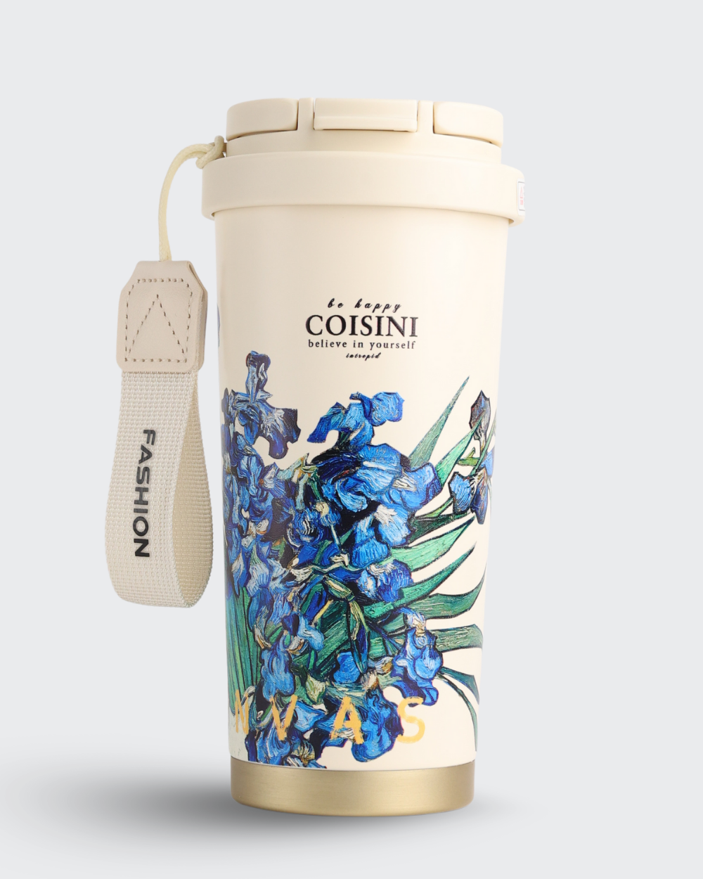 Beige travel mug with floral design and COISINI branding on a light gray background