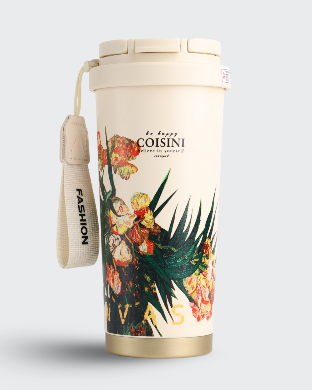 Tumbler with floral design and COININI branding on a light gray background