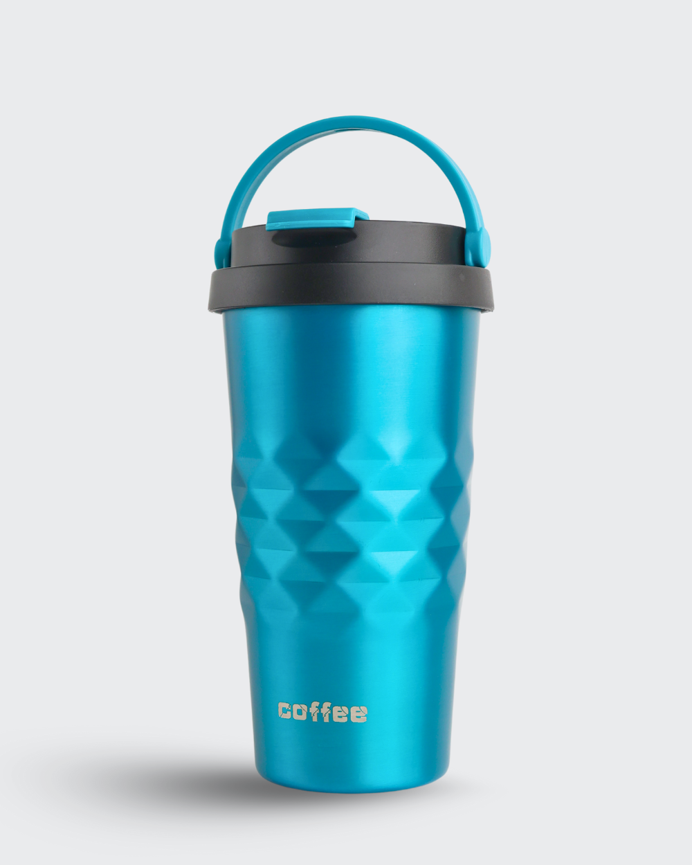 Blue insulated coffee tumbler with geometric pattern on a light gray background