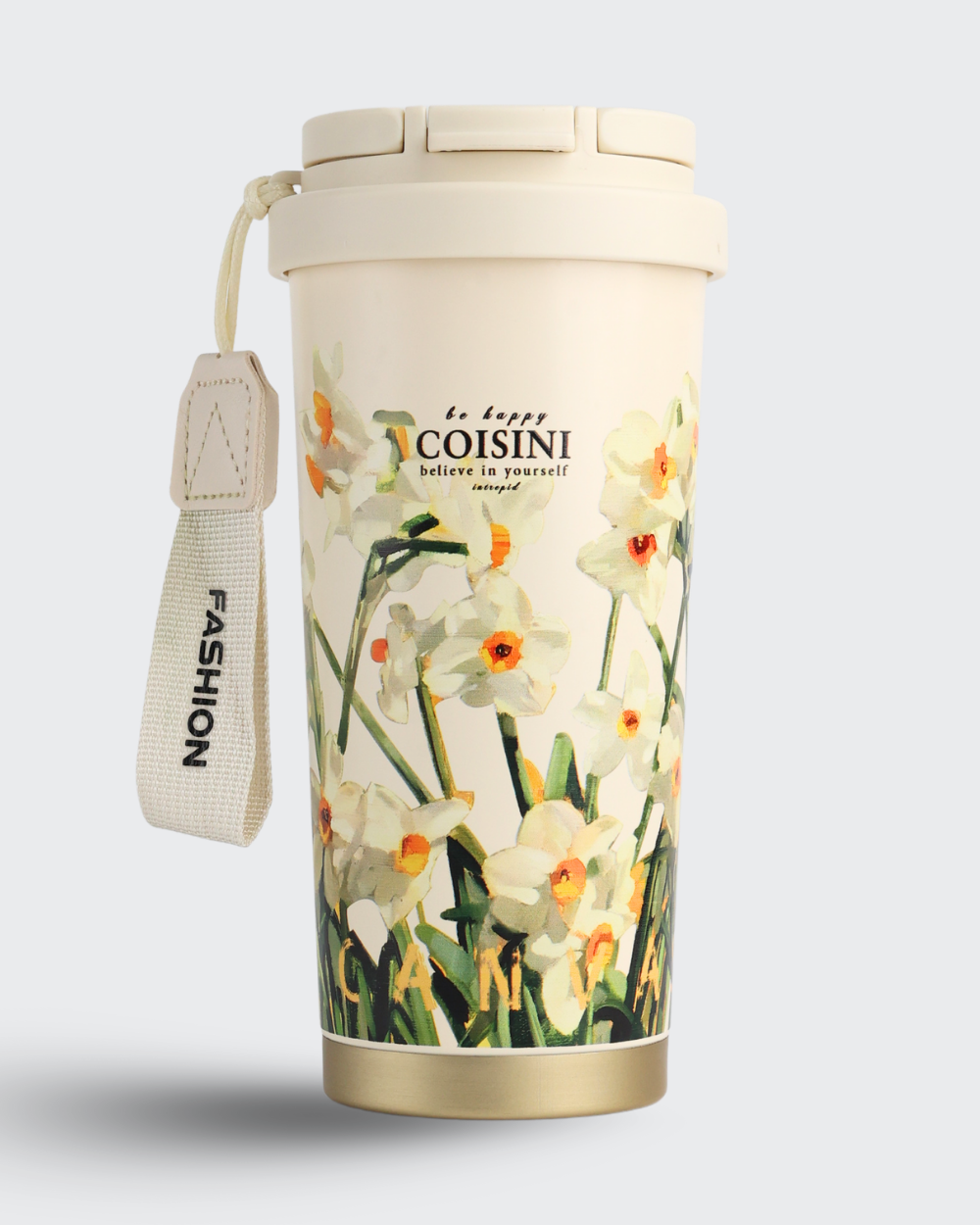 Floral-patterned tumbler with 'Coissini' branding on a light gray background