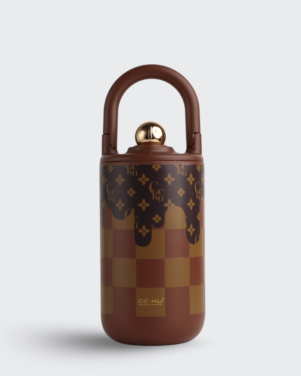 Designer handbag with a distinctive pattern on a light gray background