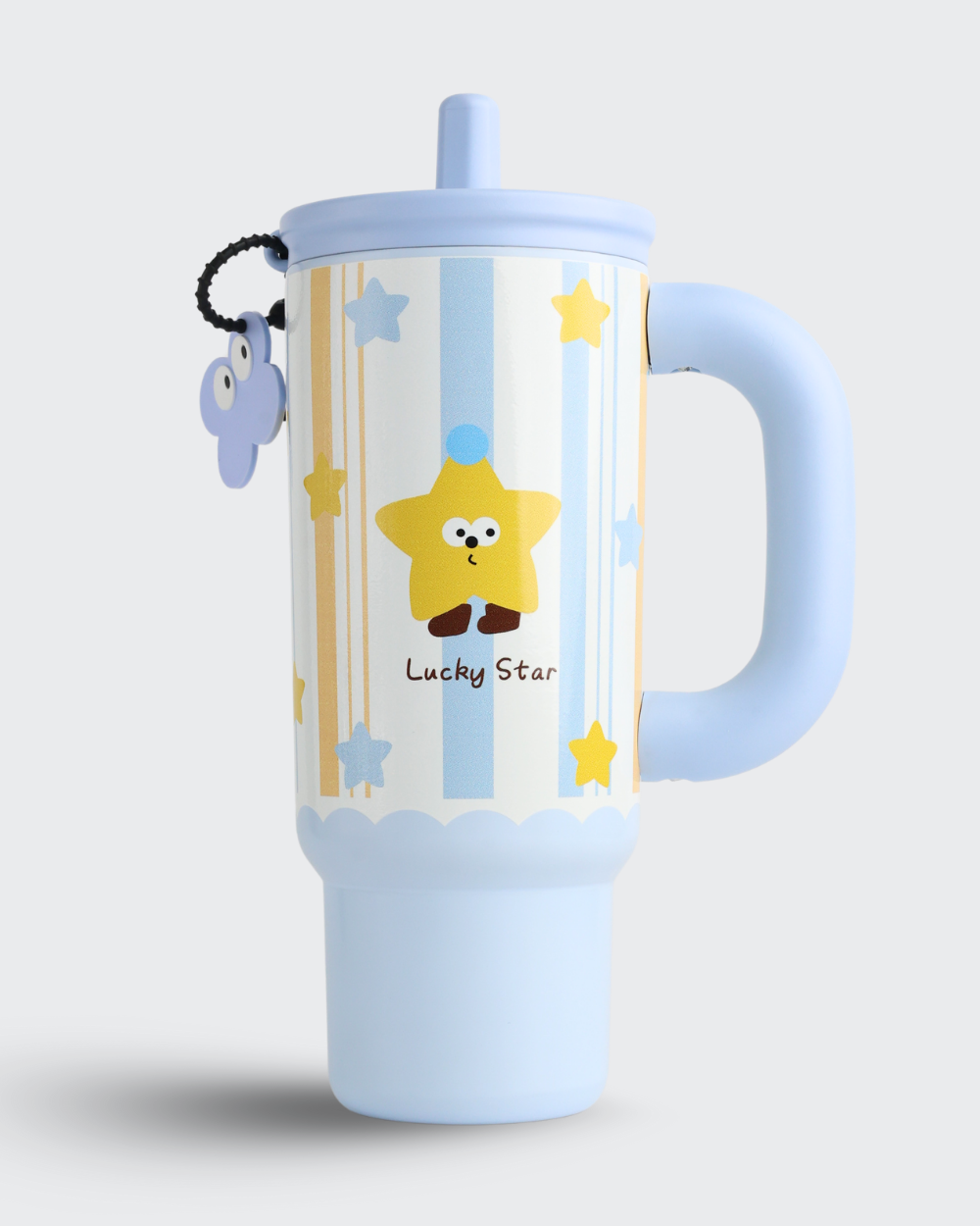 Children's cup with handle and straw, featuring cartoon characters and 'Lucky Star' text on a light gray background.