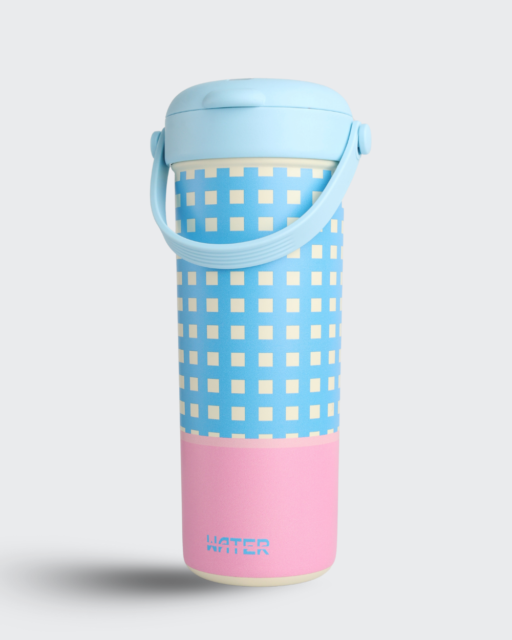 Colorful insulated bottle with a checkered pattern on a light gray background