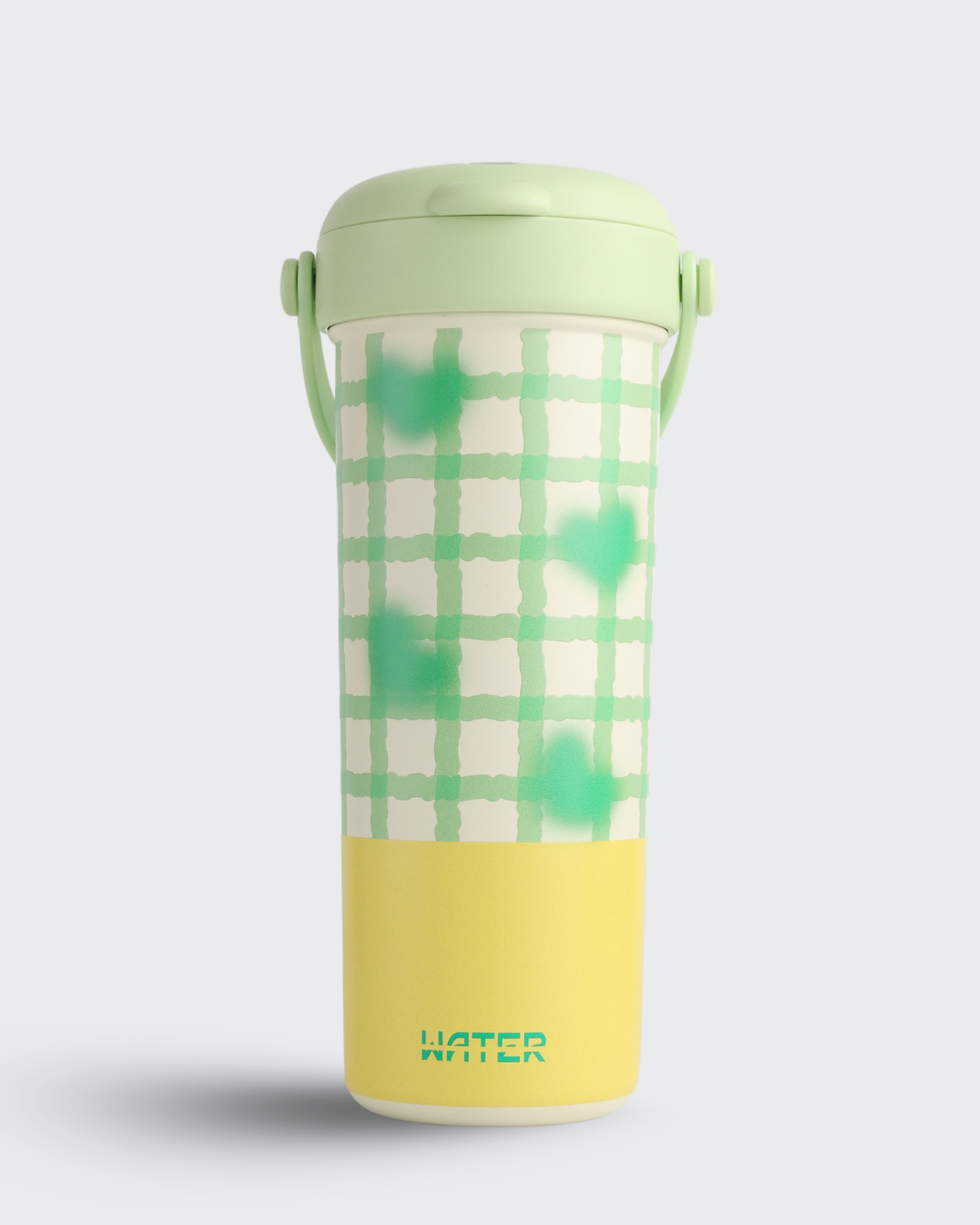 Green and yellow water bottle with plaid pattern on a light gray background