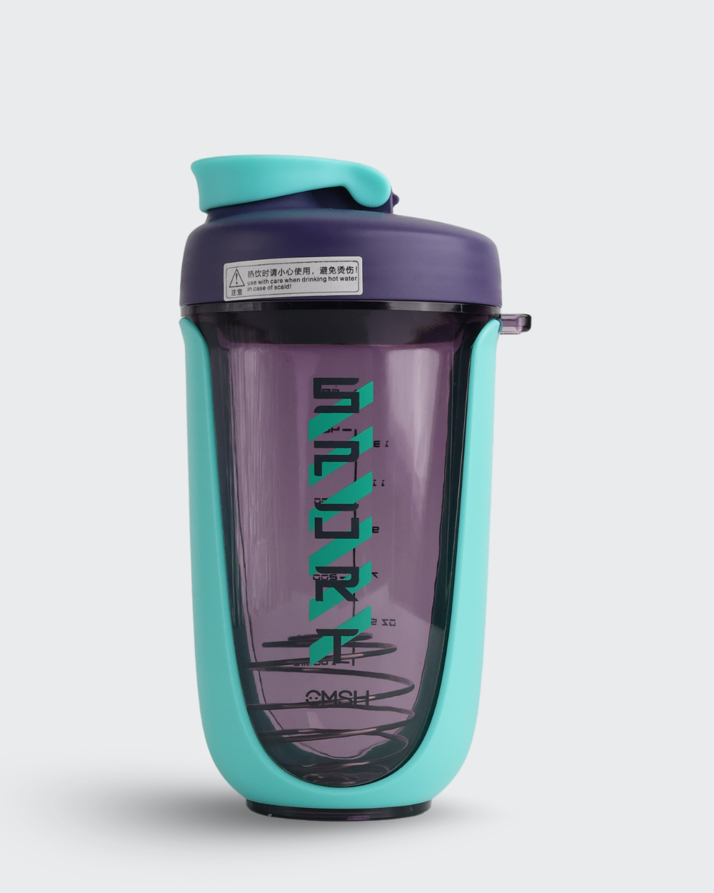 Shaker bottle with purple and teal design on a light gray background
