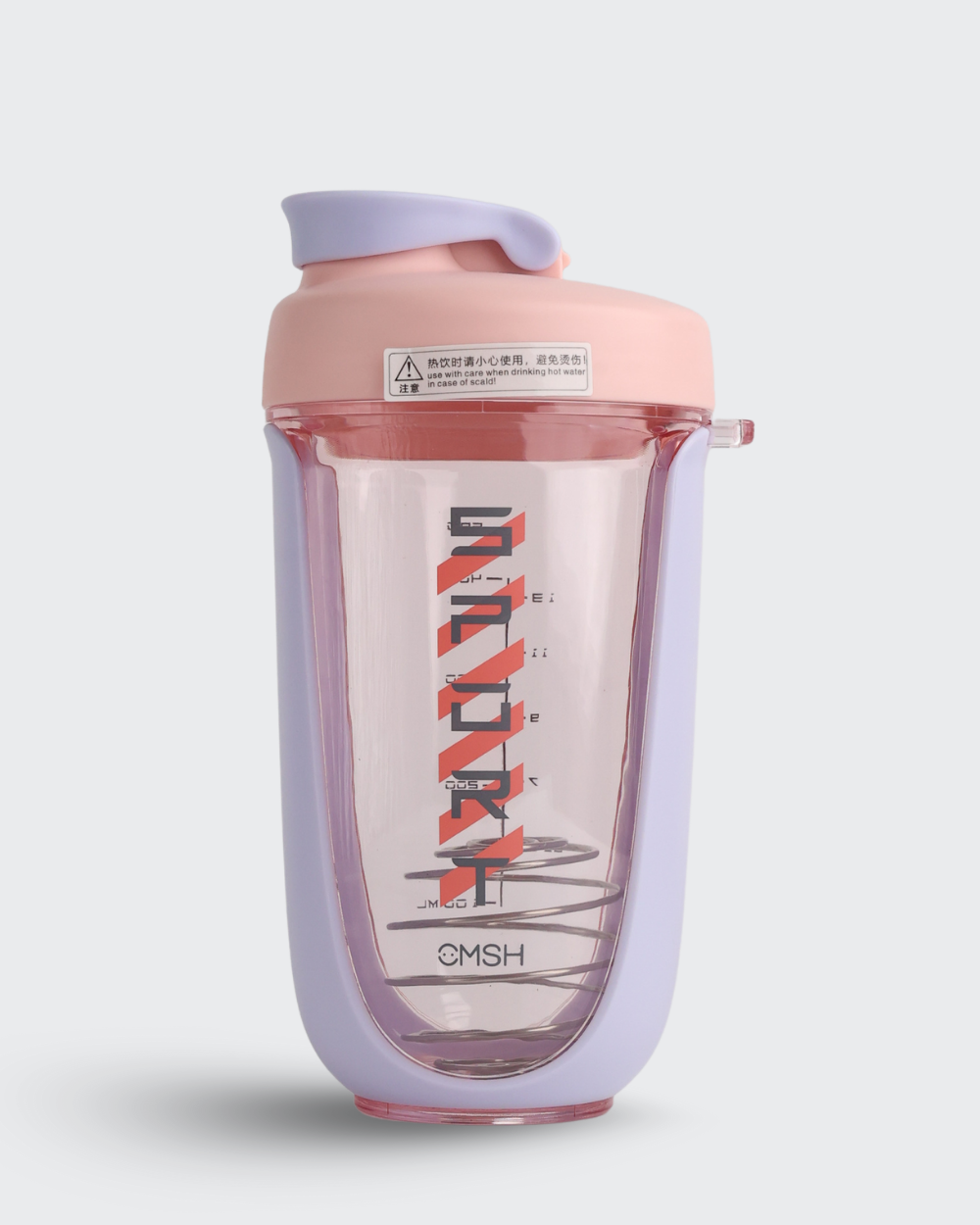 Pink and purple shaker bottle with brand logo on a light gray background