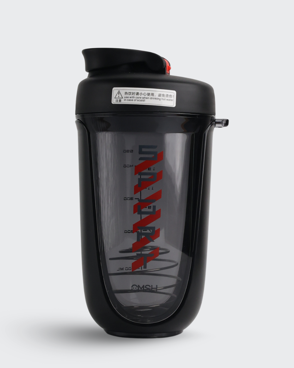 Black shaker bottle with red and white text on a light gray background